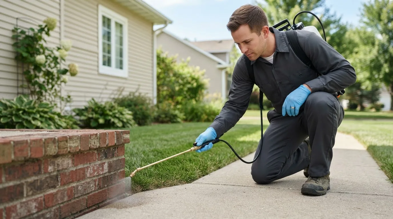 Pest control technician treating a home near Leominster, MA